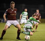 25 September 2015; Danny North, Shamrock Rovers, in action against David O'Leary, Galway United. SSE Airtricity League Premier Division, Shamrock Rovers v Galway United, Tallaght Stadium, Tallaght, Co. Dublin. Picture credit: David Maher / SPORTSFILE