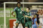 25 September 2015; Bohemians' Ismahil Akinade, left, celebrates after scoring his side's first goal with team-mate Karl Moore. SSE Airtricity League Premier Division, Drogheda United v Bohemians, United Park, Drogheda, Co. Louth. Photo by Sportsfile
