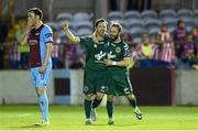 25 September 2015; Bohemians' Paddy Kavanagh, left, celebrates after scoring his side's second goal with team-mate Dylan Hayes. SSE Airtricity League Premier Division, Drogheda United v Bohemians, United Park, Drogheda, Co. Louth. Photo by Sportsfile