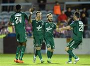 25 September 2015; Bohemians' Paddy Kavanagh, second from left, celebrates after scoring his side's second goal with team-mates, from left, Ismahil Akinade, Dylan Hayes, and Eoin Wearen. SSE Airtricity League Premier Division, Drogheda United v Bohemians, United Park, Drogheda, Co. Louth. Photo by Sportsfile