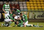 25 September 2015; Shamrock Rovers' Gavin Brennan, bottom, celebrates after scoring his side's first goal with team-mates, from left, Mikey Brennan, David O'Connor, Brandon Miele and Danny North. SSE Airtricity League Premier Division, Shamrock Rovers v Galway United, Tallaght Stadium, Tallaght, Co. Dublin. Picture credit: David Maher / SPORTSFILE
