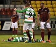 25 September 2015; Gavin Brennan, bottom, Shamrock Rovers, celebrates after scoring his side's first goal with team-mate Danny North. SSE Airtricity League Premier Division, Shamrock Rovers v Galway United, Tallaght Stadium, Tallaght, Co. Dublin. Picture credit: David Maher / SPORTSFILE