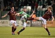 25 September 2015; Ryan Brennan, Shamrock Rovers, in action against Conor Barry, left, and Paul Sinnott, Galway United. SSE Airtricity League Premier Division, Shamrock Rovers v Galway United, Tallaght Stadium, Tallaght, Co. Dublin. Picture credit: David Maher / SPORTSFILE