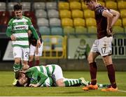 25 September 2015; Shamrock Rovers' Gavin Brennan, bottom, celebrates after scoring his side's first goal with team-mates Brandon Miele and Danny North. SSE Airtricity League Premier Division, Shamrock Rovers v Galway United, Tallaght Stadium, Tallaght, Co. Dublin. Picture credit: David Maher / SPORTSFILE
