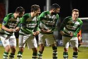 25 September 2015; Shamrock Rovers' Danny North, far right, celebrates after scoring his side's second goal with team-mates, from left, Ryan Brennan, Maxime Blanchard, and Gavin Brennan. SSE Airtricity League Premier Division, Shamrock Rovers v Galway United, Tallaght Stadium, Tallaght, Co. Dublin. Picture credit: David Maher / SPORTSFILE