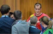 26 September 2015; Ireland's Devin Toner speaks to journalists during the pre-match press conference. Ireland Rugby Press Conference, 2015 Rugby World Cup, Wembley Stadium, Wembley, London, England. Picture credit: Brendan Moran / SPORTSFILE