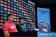 26 September 2015; Ireland's Jamie Heaslip and assistant coach Les Kiss speaking to the media during the pre-match press conference. Ireland Rugby Press Conference, 2015 Rugby World Cup, Wembley Stadium, Wembley, London, England. Picture credit: Brendan Moran / SPORTSFILE