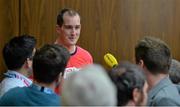 26 September 2015; Ireland's Devin Toner speaks to journalists during the pre-match press conference. Ireland Rugby Press Conference, 2015 Rugby World Cup, Wembley Stadium, Wembley, London, England. Picture credit: Brendan Moran / SPORTSFILE