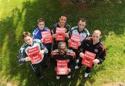 21 April 2009; League of Ireland players, from left to right, Gary Twigg, Shamrock Rovers, Stephen Maher, St. Patrick's Athletic, Eamon Zayed, Sporting Fingal, Ollie Cahill, Shamrock Rovers, Owen Heary, Bohemians, and Joseph Ndo, Bohemians, centre, during the Show Racism the Red Card Campaign Launch. UCD, Belfield, Dublin. Picture credit: Stephen McCarthy / SPORTSFILE