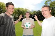 22 April 2009; Bohemians striker Jason Byrne, who has earned his place in the Top Ten All-Time League of Ireland goalscorers list with 144 goals, is photographed by team-mates Jason McGuinness, left, and Brian Shelley at the launch of the FUJIFILM Photo of the Month competition, which will allow League of Ireland supporters to submit their photos to the League's official website, www.loi.ie. DCU, Dublin. Picture credit: Brian Lawless / SPORTSFILE