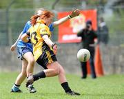 22 April 2009; Aine Mannion, Holy Rosary, Mount Bellew, shoots to score her side's goal despite the attempts of Niamh O'Sullivan, St Mary’s, Mallow. Pat the Baker Junior B All-Ireland Final, Holy Rosary, Mount Bellew, Galway v St Mary’s, Mallow, Cork, Cappamore, Co. Limerick. Picture credit: Matt Browne / SPORTSFILE