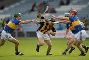 27 September 2015; Ciaran Collier, Camross, in action against, from left, Tom Delaney, Michael McEvoy, and John Delaney, Clough-Ballacolla. Laois County Senior Hurling Championship, Camross v Clough-Ballacolla, O'Moore Park, Portlaoise, Co. Laois. Picture credit: Sam Barnes / SPORTSFILE