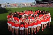 27 September 2015; The Cork players in a huddle before the start of the game. TG4 Ladies Football All-Ireland Senior Championship Final, Croke Park, Dublin. Photo by Sportsfile
