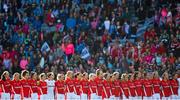 27 September 2015; The Cork players during the National Anthem. TG4 Ladies Football All-Ireland Senior Championship Final, Croke Park, Dublin. Picture credit: Ramsey Cardy / SPORTSFILE