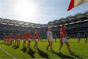 27 September 2015; The Cork team during the pre-match parade. TG4 Ladies Football All-Ireland Senior Championship Final, Croke Park, Dublin. Picture credit: Ramsey Cardy / SPORTSFILE