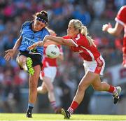 27 September 2015; Niamh McEvoy, Dublin, has a shot blocked by Bríd Stack, Cork. TG4 Ladies Football All-Ireland Senior Championship Final, Croke Park, Dublin. Picture credit: Ramsey Cardy / SPORTSFILE