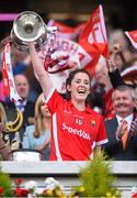 27 September 2015; Cork captain Ciara O'Sullivan lifts the cup. TG4 Ladies Football All-Ireland Senior Championship Final, Croke Park, Dublin. Picture credit: Ramsey Cardy / SPORTSFILE