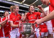 27 September 2015; Briege Corkery, left, and captain Ciara O'Sullivan, Cork, celebrate with the Brendan Martin Cup after the game. TG4 Ladies Football All-Ireland Senior Championship Final, Croke Park, Dublin. Photo by Sportsfile