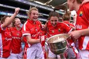 27 September 2015; Briege Corkery, left, and captain Ciara O'Sullivan, Cork, celebrate with the Brendan Martin Cup after the game. TG4 Ladies Football All-Ireland Senior Championship Final, Croke Park, Dublin. Photo by Sportsfile