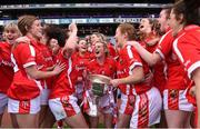 27 September 2015; Cork players celebrate with the Brendan Martin Cup after the game. TG4 Ladies Football All-Ireland Senior Championship Final, Croke Park, Dublin. Photo by Sportsfile