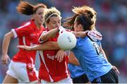 27 September 2015; Valerie Mulcahy, Cork, is tackled by Niamh Collins, Dublin. TG4 Ladies Football All-Ireland Senior Championship Final, Croke Park, Dublin. Picture credit: Ramsey Cardy / SPORTSFILE