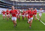 27 September 2015; Cork captain Ciara O'Sullivan, left, and team-mate Áine Hayes celebrate with the Brendan Martin Cup after the game. TG4 Ladies Football All-Ireland Senior Championship Final, Croke Park, Dublin. Photo by Sportsfile