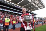 27 September 2015; Cork manager Eamonn Ryan with the Brendan Martin Cup after the game. TG4 Ladies Football All-Ireland Senior Championship Final, Croke Park, Dublin. Photo by Sportsfile