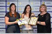 1 June 2016; Lyndsey Davey, Dublin, centre, receives her Division 1 Lidl Ladies Team of the League Award from Aoife Clarke, head of communications, Lidl Ireland, left, and Marie Hickey, President of Ladies Gaelic Football, right, at the Lidl Ladies Teams of the League Award Night. The Lidl Teams of the League were presented at Croke Park with 60 players recognised for their performances throughout the 2016 Lidl National Football League Campaign. The 4 teams were selected by opposition managers who selected the best players in their position with the players receiving the most votes being selected in their position. Croke Park, Dublin. Photo by Cody Glenn/Sportsfile