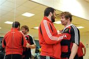 28 April 2009; Munster's Marcus Horan, left, in conversation with team-mate Jerry Flannery before a team press conference ahead of their Heineken Cup semi-final against Leinster on Saturday. University of Limerick, Limerick. Picture credit: Diarmuid Greene / SPORTSFILE