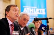 29 April 2009; Martin Cullen T.D., Minister for Arts, Sport and Tourism, left, speaking alongside Ossie Kilkenny, Chairman of the Irish Sports Council, centre, and Dr. Una May, Manager of the Anti-Doping Unit during the launch of the Irish Sports Council's 2008 Anti-Doping Annual Report. Buswells Hotel, Molesworth Street, Dublin. Picture credit: Diarmuid Greene / SPORTSFILE