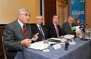29 April 2009; Professor Brendan Buckley, Chairperson of the Anti-Doping Committee, left, speaking while, from left to right, John Treacy, Chief Executive, Irish Sports Council, Martin Cullen T.D., Minister for Arts, Sport and Tourism, Ossie Kilkenny, Chairman of the Irish Sports Council, and Dr. Una May, Manager of the Anti-Doping Unit watch on during the launch of the Irish Sports Council's 2008 Anti-Doping Annual Report. Buswells Hotel, Molesworth Street, Dublin. Picture credit: Diarmuid Greene / SPORTSFILE