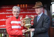 30 April 2009; Trainer Willie Mullins and jockey Ruby Walsh after winning the Ladbrokes.com World Series Hurdle with FiveforThree. 2009 Punchestown Irish National Hunt Festival, Punchestown Racecourse, Co. Kildare. Picture credit: Matt Browne / SPORTSFILE