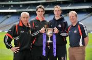 28 April 2009; Down U21 manager Peter McGrath, left, with captain Timmy Hanna, second from left, Cork U21 manager John Cleary, right, and captain Colm O'Neill, second from right, ahead of the Cadbury GAA Football U21 All-Ireland Final to be played in O'Moore Park, Portlaoise, on Monday the 4th of May. Croke Park, Dublin. Picture credit: David Maher / SPORTSFILE