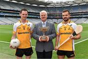 30 September 2015; Uachtarán Chumann Luthchleas Gael Aogán Ó Fearghail with John Mollen, left, and Darren Kelly, from Middle East GAA, and the GAA World Games Cup. Croke Park, Dublin. Picture credit: Matt Browne / SPORTSFILE