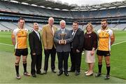 30 September 2015; Uachtarán Chumann Luthchleas Gael Aogán Ó Fearghail with, from left, John Mollen, Peter Gormley from Sperrin Metal, John Horan, Chairman, Leinster Council, James Kennedy, Chairman of the Middle East County Board, Marie Hickey, President, Ladies Gaelic Football Association and Darren Kelly, from Middle East GAA, with the GAA World Games Cup. Croke Park, Dublin. Picture credit: Matt Browne / SPORTSFILE