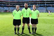 27 September 2015; Referee Seamus Mulvihill with lines persons Sarah Stanley, left, and Lorraine O'Sullivan. TG4 Ladies Football All-Ireland Junior Championship Final, Louth v Scotland, Croke Park, Dublin. Picture credit: Ramsey Cardy / SPORTSFILE