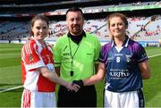 27 September 2015; Referee Seamus Mulvihill with team captains, Louth's Michelle McMahon and Scotland's Rosanna Heeney. TG4 Ladies Football All-Ireland Junior Championship Final, Louth v Scotland, Croke Park, Dublin. Picture credit: Ramsey Cardy / SPORTSFILE