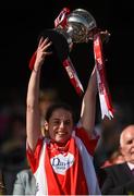 27 September 2015; Louth captain Michelle McMahon lifts the West County Hotel cup. TG4 Ladies Football All-Ireland Junior Championship Final, Louth v Scotland, Croke Park, Dublin. Picture credit: Ramsey Cardy / SPORTSFILE