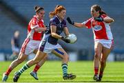 27 September 2015; Caoilfhionn Deeney, Scotland, in action against Emma Singleton, left, and Aoife Halligan, Louth. TG4 Ladies Football All-Ireland Junior Championship Final, Louth v Scotland, Croke Park, Dublin. Picture credit: Ramsey Cardy / SPORTSFILE