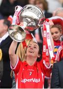 27 September 2015; Geraldine O’Flynn, Cork, lifts the Brendan Martin cup. TG4 Ladies Football All-Ireland Senior Championship Final, Croke Park, Dublin. Picture credit: Ramsey Cardy / SPORTSFILE