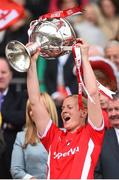 27 September 2015; Deirdre O’Reilly, Cork, lifts the Brendan Martin cup. TG4 Ladies Football All-Ireland Senior Championship Final, Croke Park, Dublin. Picture credit: Ramsey Cardy / SPORTSFILE