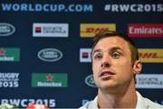 28 September 2015; Ireland's Tommy Bowe speaks to the media during a press conference. Ireland Rugby Press Conference, 2015 Rugby World Cup, Hilton Hotel, Wembley, England. Picture credit: Brendan Moran / SPORTSFILE