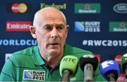 28 September 2015; Ireland team manager Michael Kearney speaks to the media during a press conference. Ireland Rugby Press Conference, 2015 Rugby World Cup, Hilton Hotel, Wembley, England. Picture credit: Brendan Moran / SPORTSFILE