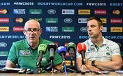 28 September 2015; Ireland team manager Michael Kearney, left, and Tommy Bowe speak to the media during a press conference. Ireland Rugby Press Conference, 2015 Rugby World Cup, Hilton Hotel, Wembley, England. Picture credit: Brendan Moran / SPORTSFILE