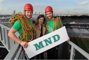 28 September 2015; Dublin's Ciaran Kilkenny, left, Maeve Leahy, PR, Communications & Fundraising Officer at Irish Motor Neuron Disease Association, and Kilkenny's Richie Power, right, who are encouraging people to take place in a sponsored Abseil on Saturday 10th of October to raise funds and awareness for Motor Neuron Disease. Croke Park, Dublin. Picture credit: Seb Daly / SPORTSFILE