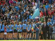 27 September 2015; An Taoiseach Enda Kenny greets the Dublin team ahead of the game. TG4 Ladies Football All-Ireland Senior Championship Final, Croke Park, Dublin. Picture credit: Ramsey Cardy / SPORTSFILE