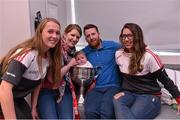 28 September 2015; 5 month old Matilda Quinn, from Dublin, with her mun and dad Rebecca and Brendan and Cork ladies footballers Kate Leneghan and Sinead Cotter during a visit by the TG4 Ladies Football All-Ireland Senior Champions to  Crumlin Children's Hospital, Crumlin, Dublin. Picture credit: Matt Browne / SPORTSFILE