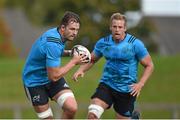 28 September 2015; Munster's Dave Foley, supported by team-mate Mark Chisholm, in action during squad training. Munster Rugby Squad Training, University of Limerick, Limerick. Picture credit: Diarmuid Greene / SPORTSFILE