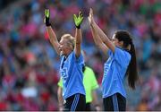 27 September 2015; Dublin's Carla Rowe, left, and Molly Lamb, attempt to block a free. TG4 Ladies Football All-Ireland Senior Championship Final, Croke Park, Dublin. Picture credit: Ramsey Cardy / SPORTSFILE