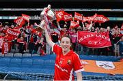 27 September 2015; Cork's Aine O'Sullivan with the Brendan Martin cup. TG4 Ladies Football All-Ireland Senior Championship Final, Croke Park, Dublin. Picture credit: Ramsey Cardy / SPORTSFILE